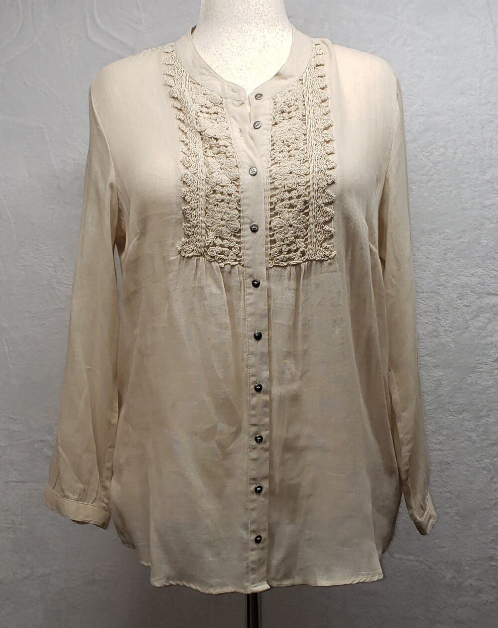 Krazy Kat Vintage Boho Crochet Cotton Gauze Tunic Top XL Khaki Shabby Chic Y2K
